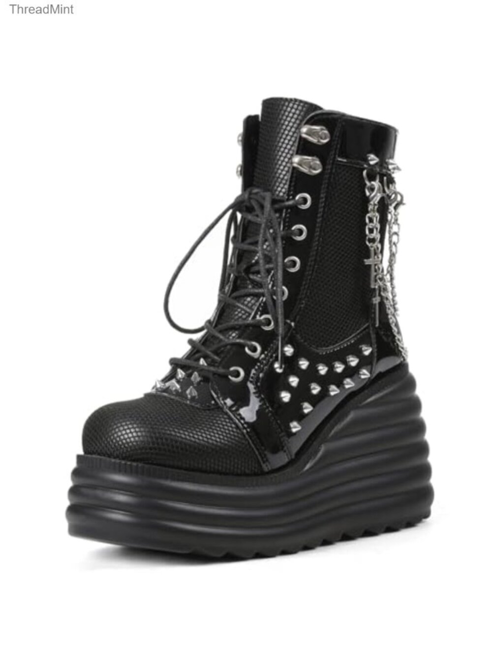 Women's Gothic Combat Ankle Boots Platform Chunky Heel Lace Up Zipper Punk Faux
